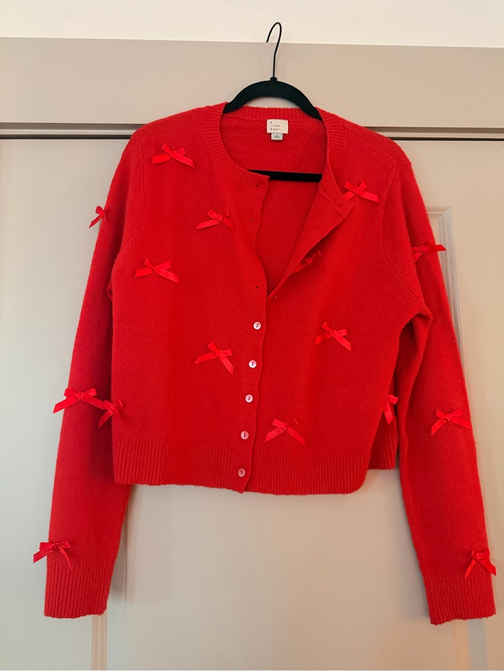 a new day Red Bow-Appliqué Button-Front Cardigan
